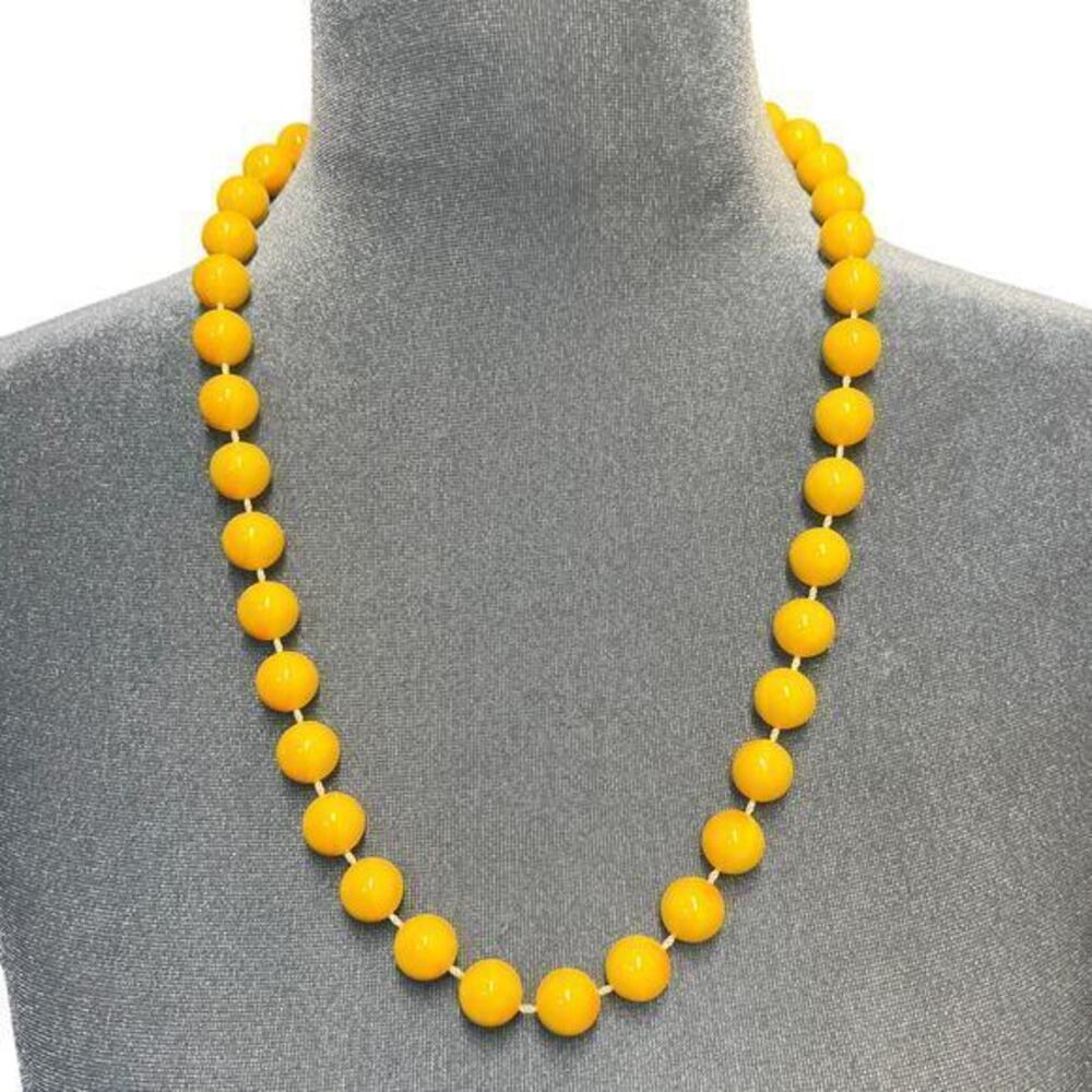 Vintage Yellow‎ Pink Round Beaded Necklace 24" Swirls Boho Spring Easter Summer